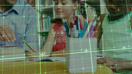 Teacher tapping notebook with pencil, guiding students learning while green grid overlaying library - Powered by Adobe