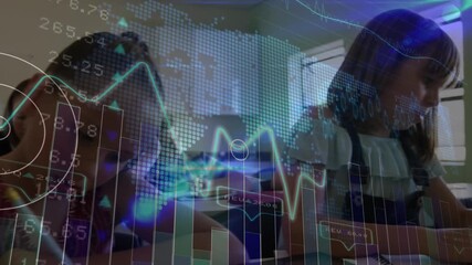 Girl writing in classroom initiating animated finance charts shifting then focusing on boy writing - Powered by Adobe