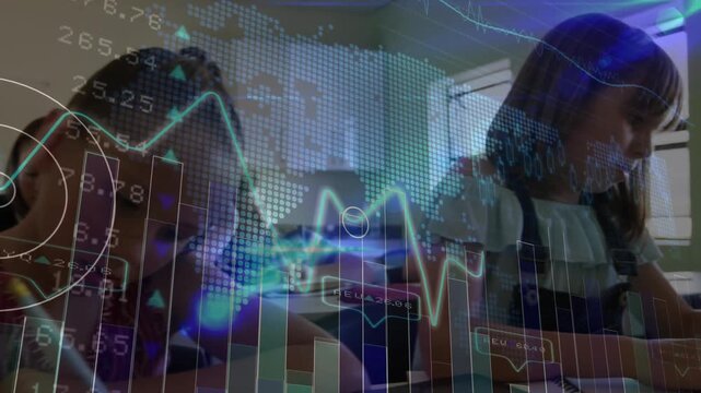 Girl writing in classroom initiating animated finance charts shifting then focusing on boy writing