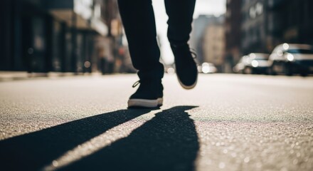 Silhouette of person walking on urban street in bright light