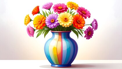 A vibrant bouquet of colorful flowers in a striped vase against a soft backdrop.