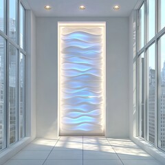 Fototapeta premium A modern hallway with a sculpted, light-blue accented wall panel and large windows, creating a bright and airy interior design.