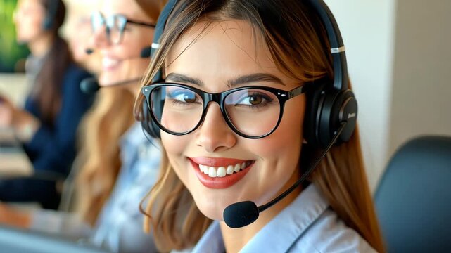 Customer Service Smile: A cheerful and professional individual, donned in a headset and spectacles, beams with a warm smile, suggesting a proactive and positive approach to aiding customers.