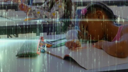 two female students reaching for pencils and opening workbooks, writing notes for education class