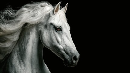 Obraz premium Majestic white horse with flowing mane against a dark backdrop capturing elegance and beauty