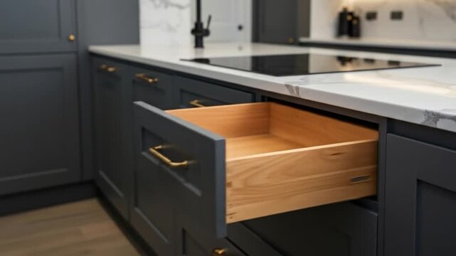 Kitchen cabinet with open wooden drawer interior design and home improvement