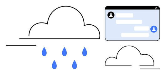 Cloud with blue raindrops alongside a chat window with a conversation. Ideal for technology, data, cloud storage, messages, communication, networking, simple landing page