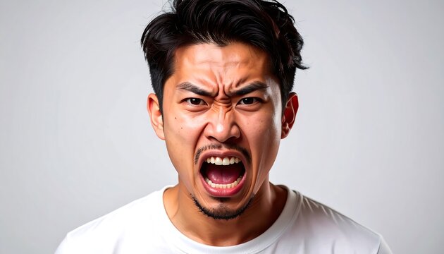 A close-up portrait of a man expressing intense anger and frustration, with a powerful, expressive facial expression and a neutral background.