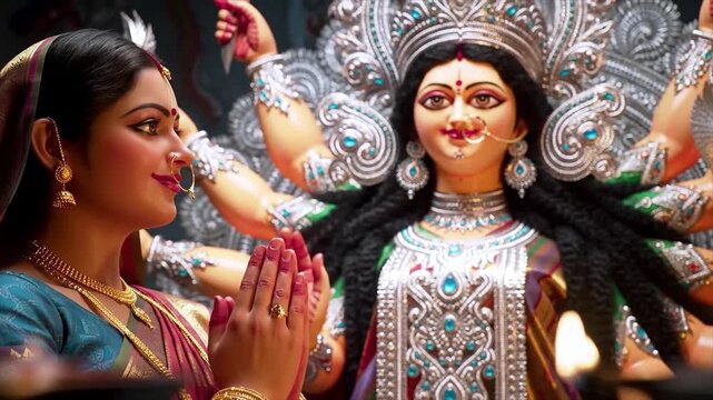 Woman worshiping a large statue of Goddess Durga during Sharada Navaratri festival with colorful decorations and traditional attire in a vibrant and spiritual mood.