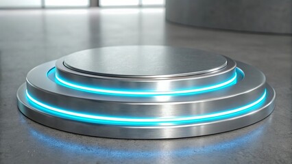 Futuristic circular silver podium with glowing blue neon rings and reflective surface