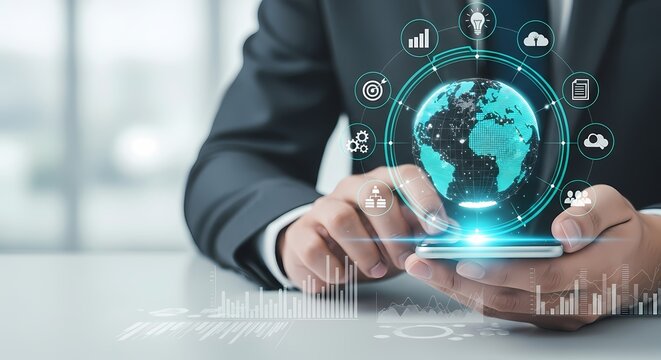 Businessman using smartphone with global business network