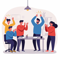 Excited team celebrating success with applause in a modern office meeting room, feeling motivated and accomplished
