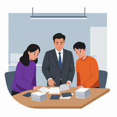 Team collaborates effectively reviewing documents and discussing ideas in a professional office setting