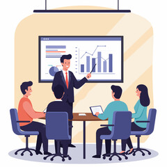 Confident businessman leads team meeting presenting growth chart data on screen to attentive colleagues.