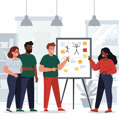 Diverse team collaborates on project strategy using whiteboard in modern office meeting space