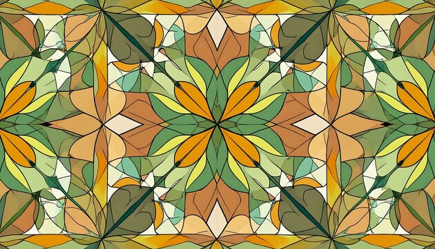 A symmetrical design features intricate, overlapping shapes in muted earth tones, greens, and oranges, creating a captivating pattern reminiscent of stained glass or a kaleidoscope.