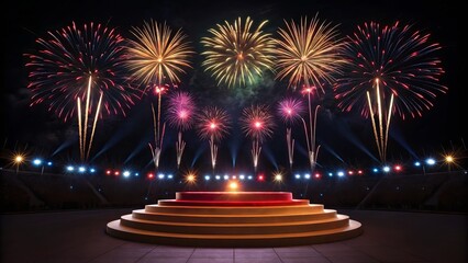 Golden podium shines under spectacular night sky fireworks celebration event entertainment