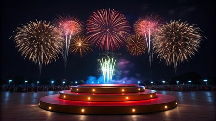 Spectacular night sky fireworks celebration above a glowing tiered stage with stadium seating