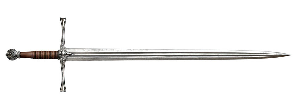 A long, single-edged, steel sword with a brown grip