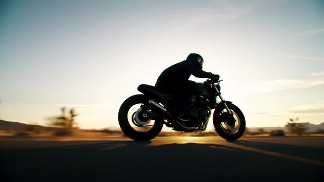 A motorcycle rider in silhouette speeding on a road during a bright sunset scene view