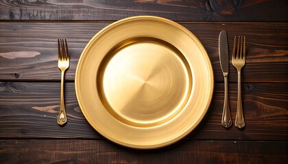 Elegant golden plate and cutlery set on a dark wooden table.