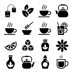 Tea Icons Collection – Cups, Kettle, Honey, Lemon, Herbs, and Sugar Symbols