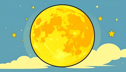 A large, vibrant yellow moon shines brightly against a light blue night sky filled with stars and soft clouds.