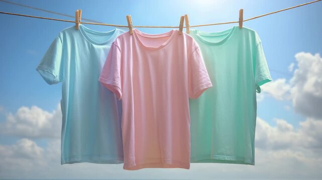 パステルカラーのTシャツが風に揺れて干されている様子