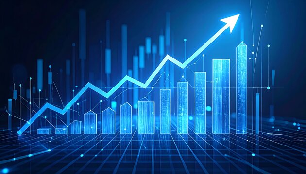 Abstract graphic of a rising arrow chart overlaid on a grid with bar graphs. A futuristic, digital, data-driven visualization