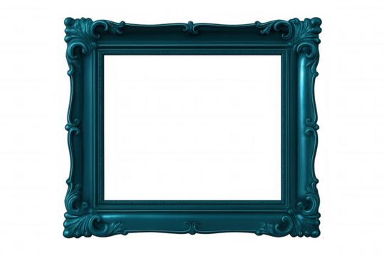 Classic teal blue ornate frame with transparent background, perfect for showcasing artwork or photos