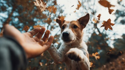 Dog Reaches for Hand Amidst Autumn Leaves in Golden Sunlight