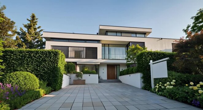 Modern Suburban House Exterior with Blank Signboard in Lush Garden Landscape During Sunrise