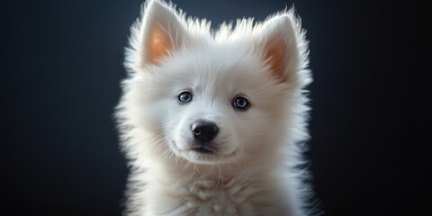 Obraz premium Fluffy white puppy with striking blue eyes staring curiously against a dark background