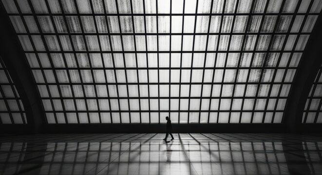 Silhouette of lone figure in vast modern glass ceiling hallway - Powered by Adobe