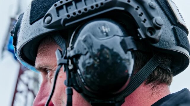 Sharp focus on the communication headset of a spotter giving instructions during tower climb with the transmission structure out of focus behind.