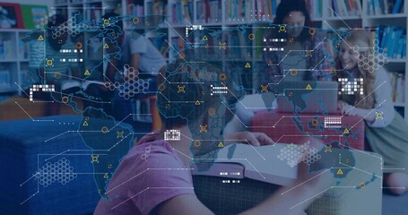 students in library studying, initiating fading world map evolving into data visuals for study - Powered by Adobe
