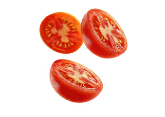 Fresh tomato slices in mid-air