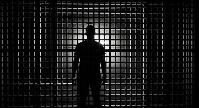 Silhouette of man behind bars in dimly lit room conveying imprisonment and isolation