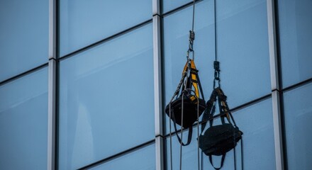 Window cleaning equipment hanging on modern glass skyscraper exterior