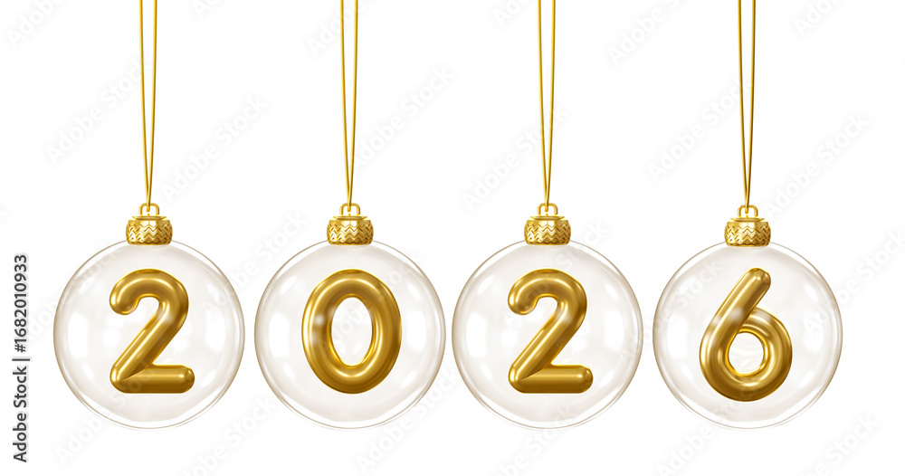 Wall mural golden numbers inside christmas baubles 2026 in 3d render with transparent background