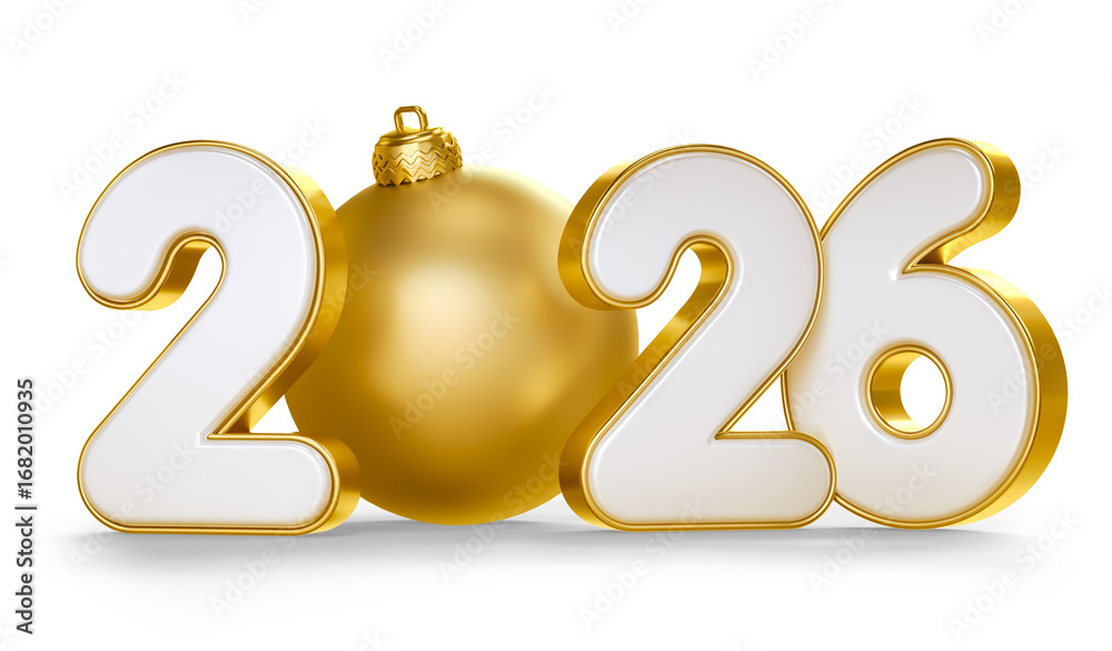 Wall mural golden christmas ball with 2026 numbers in 3d render with transparent background