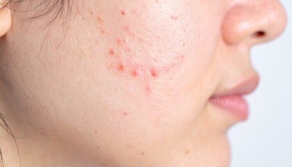 Side profile close-up of a person's cheek showing a combination of acne and acne scars. Perfect for skin care, dermatology, and beauty advertisements.