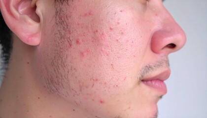 Side profile close-up of a person's cheek showing a combination of acne and acne scars. Perfect for skin care, dermatology, and beauty advertisements.