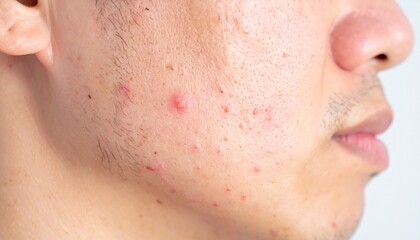 Side profile close-up of a person's cheek showing a combination of acne and acne scars. Perfect for skin care, dermatology, and beauty advertisements.