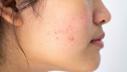 Side profile close-up of a person's cheek showing a combination of acne and acne scars. Perfect for skin care, dermatology, and beauty advertisements.