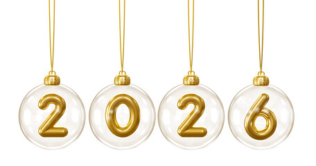 Golden Numbers Inside Christmas Baubles 2026 in 3D render with transparent background