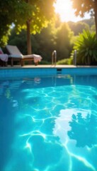Serene blue water in a tranquil, sunlit background pool, perfect for relaxation and escape  Ideal for travel, vacation, or spa imagery  Clean, clear water shimmers invitingly ,  nature,  stillness
