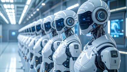 A line of futuristic robots stands in a modern industrial facility, showcasing sleek white designs and advanced technology.