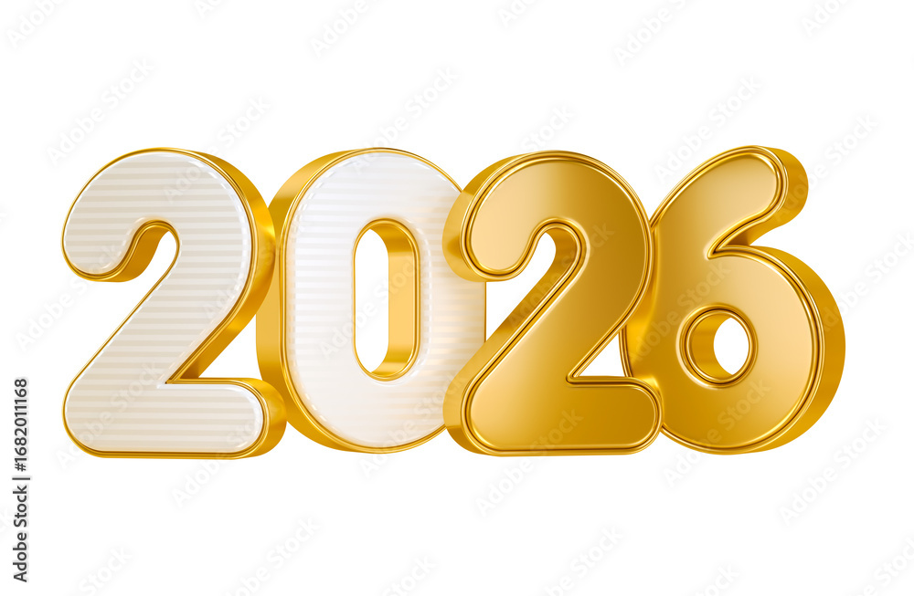 Wall mural white and gold 2026 numbers in 3d render with transparent background