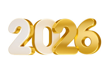White and Gold 2026 Numbers in 3D render with transparent background